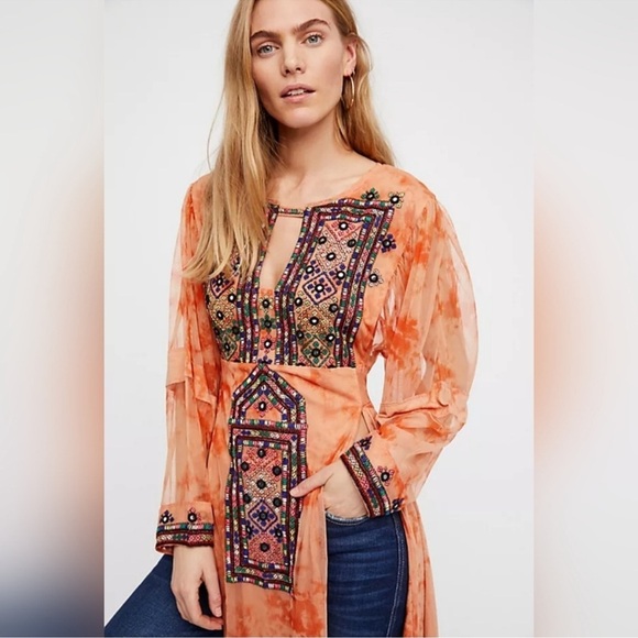 Free People Market Place Embroidered Bohemian Maxi Tunic Blouse - Picture 2 of 15